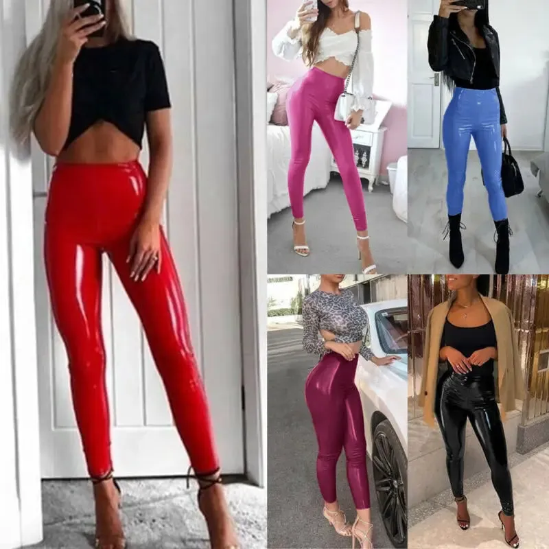 Znbbw Sexy Women Gothic Leggings Wet Look PU Leather Leggings Black Slim Thin Long Pants Ladies Skinny Leggings Stretchy Plus Size