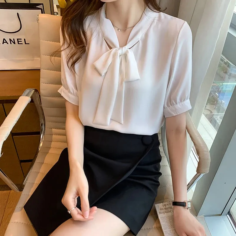 Znbbw Blouse Women Short Sleeve Bow V-Neck Chiffon White Blouse Shirt Tops Women Blusas Mujer De Moda 2023 Blouses Femme F66