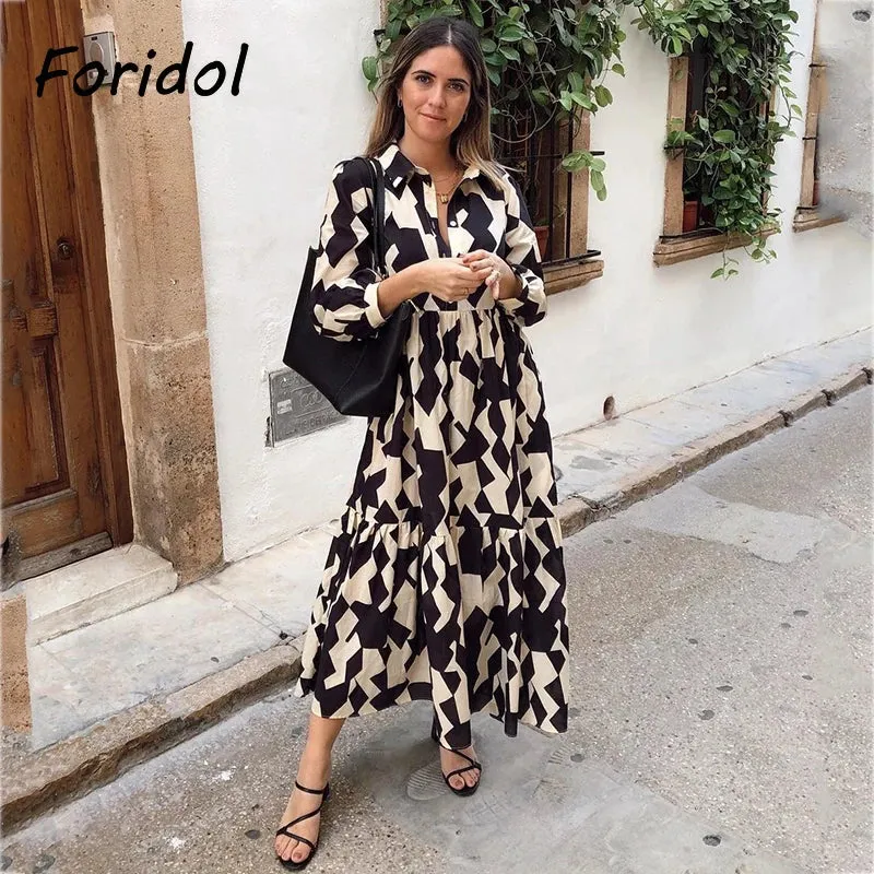 Znbbw Geometric Print Black Shirt Dress Casual Elegant Autumn Winter Women's New Dress Vestidos Robe Femme Long Sleeve Dress