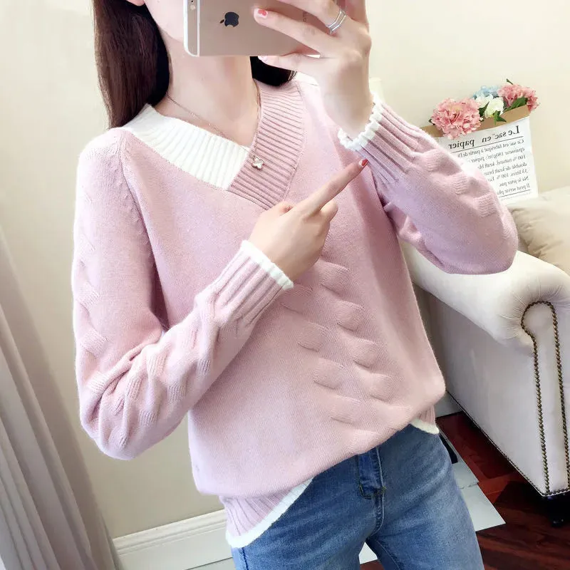 Znbbw Women's Sweaters Knitting Pullover 2024 New Autumn Winter Casual Loose Striped V-neck Knitted Sweater Female Pullovers Tops