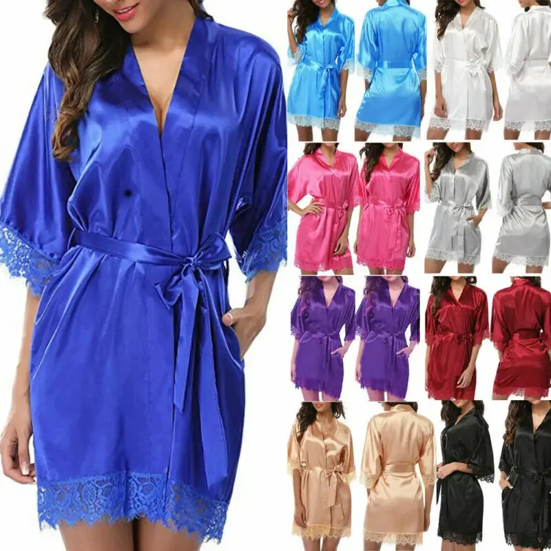 Znbbw Women Night Gown Satin Robe Bathrobe Satin Nightgown Halt Sleeve Pajamas Lingerie Night Mini Dress Lace Sexy Sleepwear hot sale