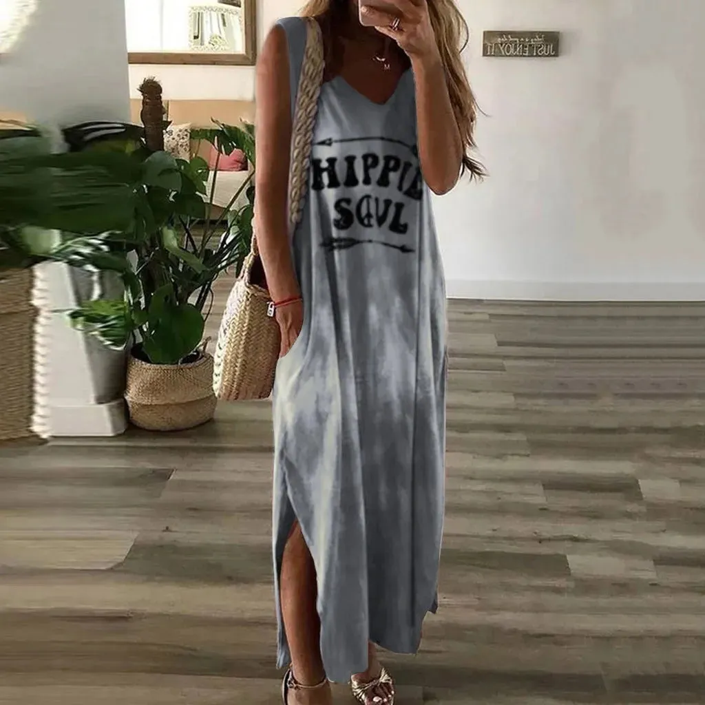 Znbbw Women Fashion Casual Letter Printed Long Dress Summer V-Neck Sleeveless Pockets Maxi Dress Female Leisure Holiday Dress