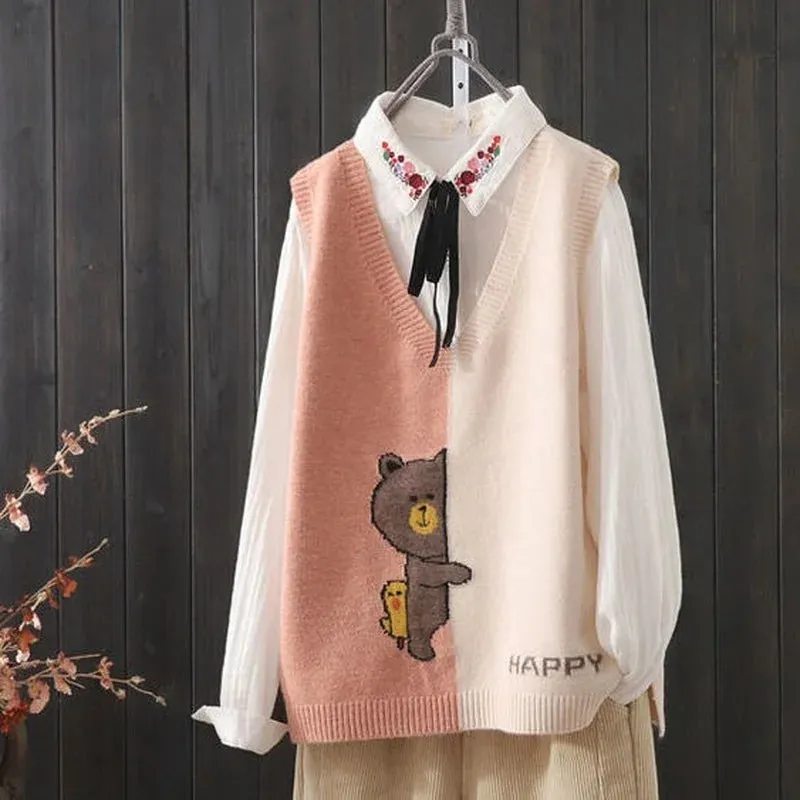 Znbbw and autumn new simple color matching knitted vest women loose wild V-neck cartoon pattern knitted sweater