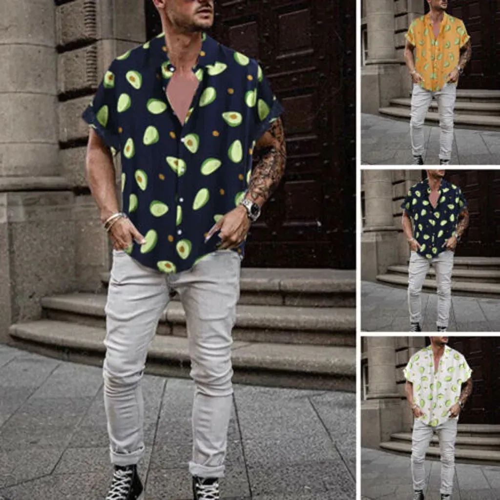 Znbbw Hawaii Avocado Printed Shirts for Men Casual Loose Tropical Hawaiian Short Sleeve Shirts High Quality Button Down