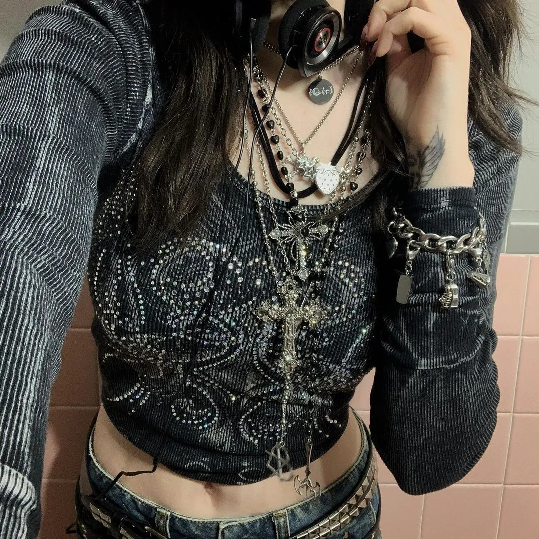 Znbbw Rhinestone Print Grunge Clothes Aesthetic Fairycore Retro Long Sleeve Crop Tops Tee Vintage Harajuku Cute Tshirts