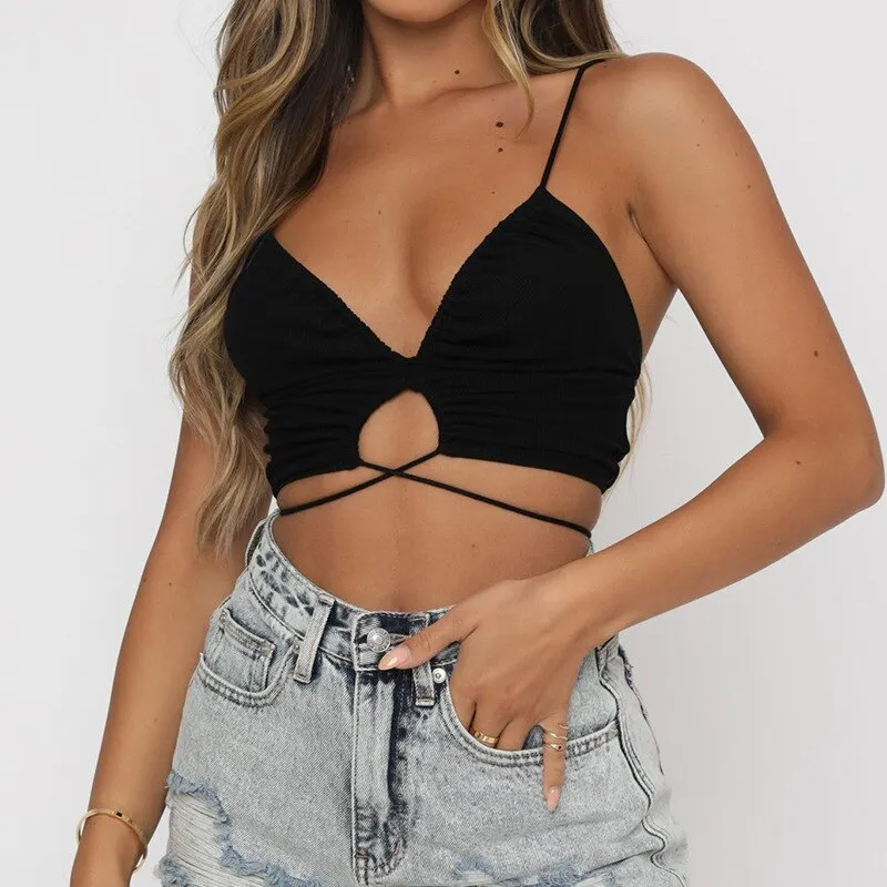 Znbbw Summer New Spaghetti Straps Camis Women Ruched Deep V-Neck Crop Tops Chic Solid Color Backless Cross Tie-Up Bustiers