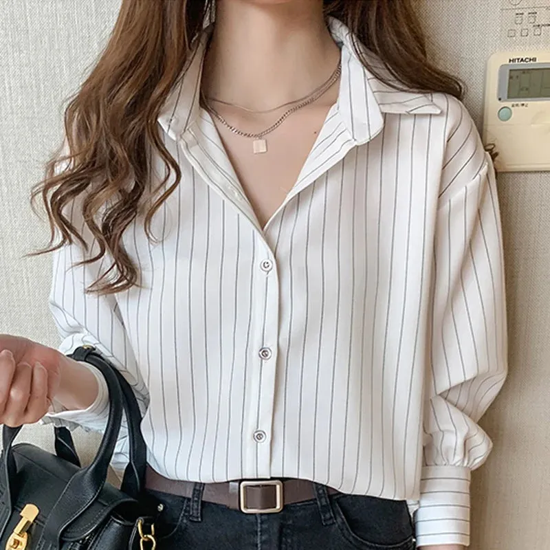 Znbbw Women Blusas Mujer De Moda 2023 Turn Down Collar Striped Office Blouse Long Sleeve Chiffon Blouse Shirt Women Shirts D393