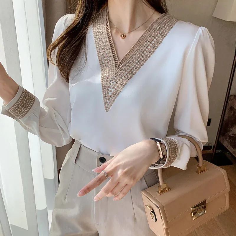 Znbbw Sleeve White Blouse Tops Blouse Women Blusas Mujer De Moda 2023 Embroidery V-Neck Chiffon Blouse Shirt Women Blouses E226