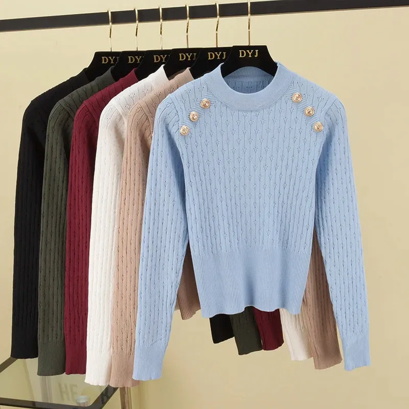Znbbw Sleeve O-neck High Quality Sweater Shirts With Decorated Buttons Girls Stretchy Crop Tops Autumn Sweaters Pullovers Women