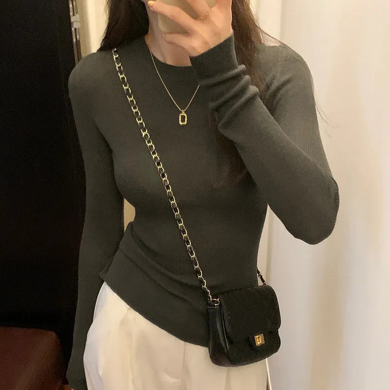 Znbbw Pure Color Slim, Slim, Skinny, Bottomed Sweater, A New Autumn Style Soft Waxy Round Collar With A Long-Sleeved Blouse