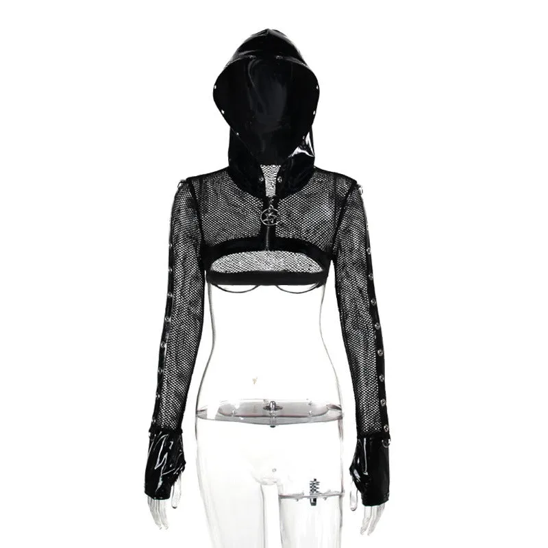 Znbbw Summer New Dark Wind Personality Trend Self-Building Leather Printed Mesh Hoodie Blouse Women's Dress