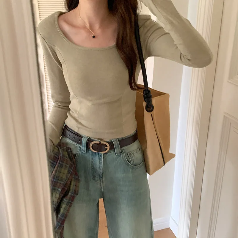 Znbbw Shoulder-Bottomed Blouse In Autumn, The New Small Square Collar Long-Sleeved T-Shirt Is Slim And Slim.