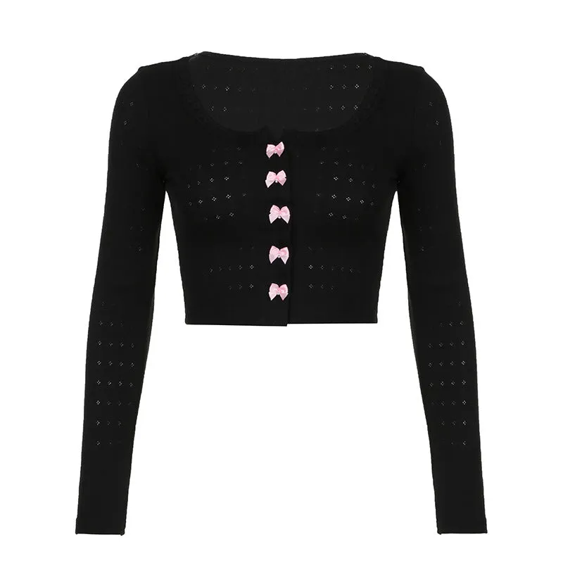 Color Bow Fashion Girl's Long-Sleeved Blouse 2024 New Lace Collar Hot Girl Fashion Navel T-Shirt