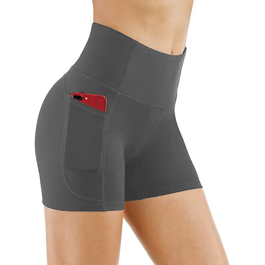 Znbbw Shorts Solid Color High Waist Pocket Hip Tight Three-Point Hot Pants Running Training Fitness Shorts