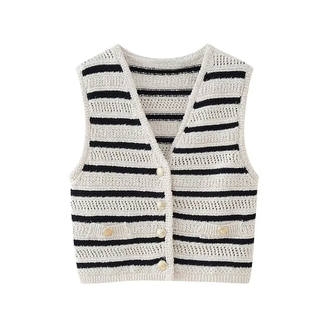 Znbbw New Striped V-Collar Button For Casual Knitted Vest 3991045