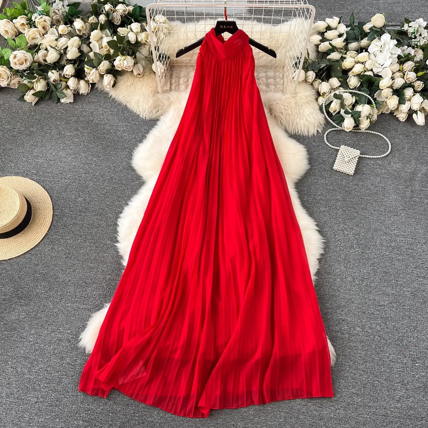 Znbbw Dress Women's Spring / Summer 2024 New Heavy Industry Pleated Chiffon Neck Beach Skirt Medium Length Skirt
