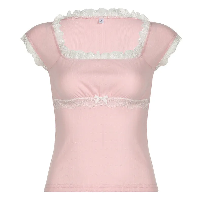 French Sweet Lace Lace Stitching Square Collar Slim, Striking Color Short-Sleeved T-Shirt, Girl's Knitted Blouse