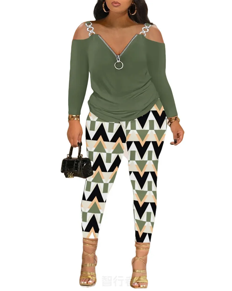 Znbbw Autumn And Winter Women's Wear New Shoulder Spliced Long-Sleeved Printed Trousers Two Sets