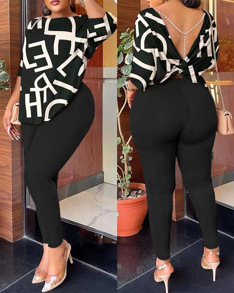 Znbbw Autumn New Women's Fashion Leisure Bare-Back Printed Trousers Suit