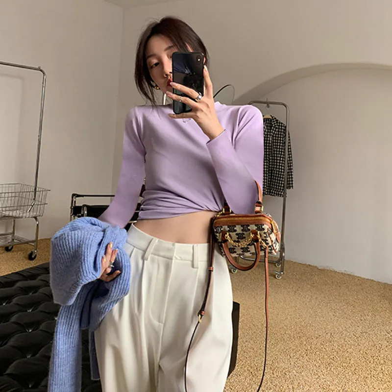 Znbbw T-Shirt Women's Shoulder European 2024 New Thin Round Neck Cotton Folded Long-Sleeved Bottomed Blouse