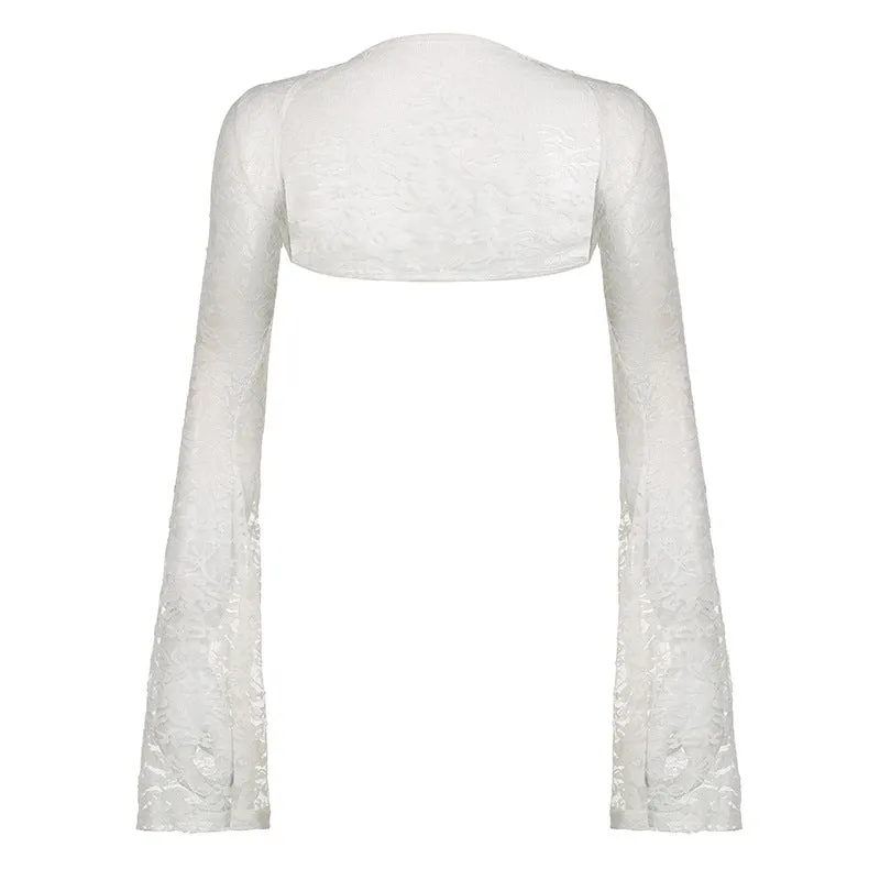 Ins Trend Solid Color Ultra-Short Horn Long-Sleeved Lace Sunscreen Blouse 2024 Spring / Summer New Simple Casual Cardigan