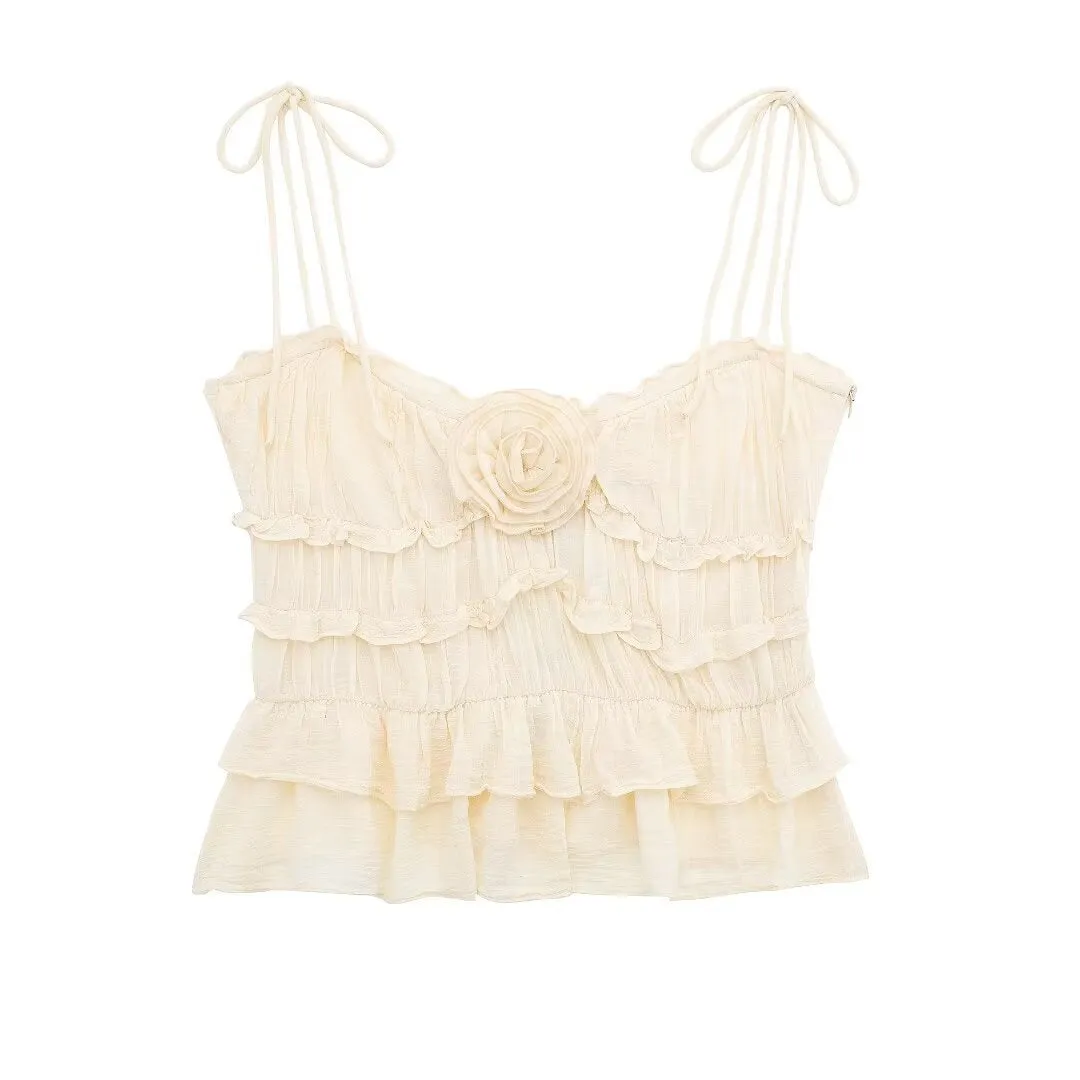 Znbbw Spring Flowers And Laminated Decorations Slim Sling Blouse 7521029