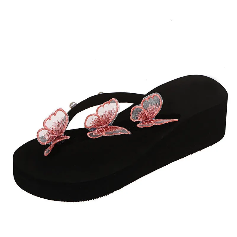 New Butterfly Flip-Flops Thick Bottom Slope With One Word With Pearl Large Size Beach Cool Flip-Flops