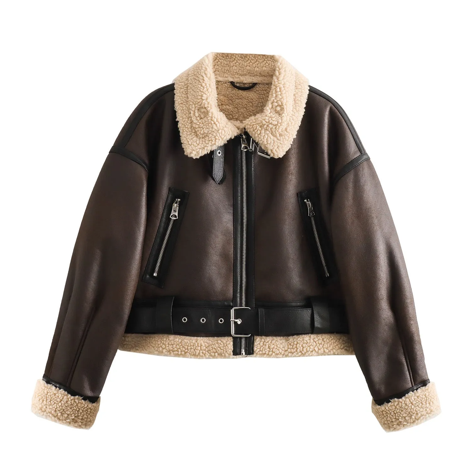 Znbbw New Belt Trimmed With Fur Integrated Short Jacket Jacket