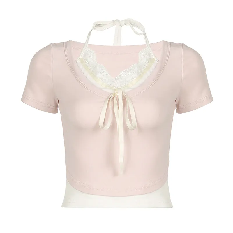 French Sweet Spice Girl Lace Splicing Collision Color Fake Two Lace-Up Short-Sleeved T-Shirts Sweet Jackets For Women