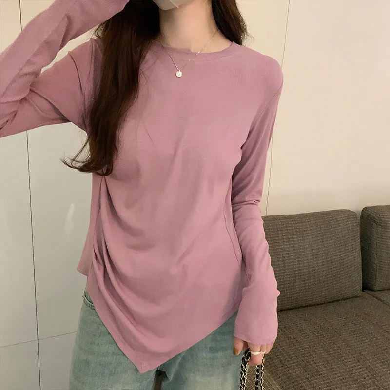 Znbbw T-Shirt With Round Neck And Shoulder For Women In Autumn, The New Irregular Bottom Has A Niche Coat With A Sense Of Design.