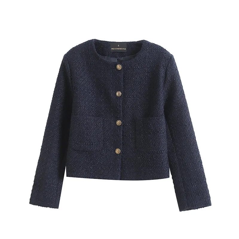 Znbbw Spring Style Xiaoxiangfeng Gold Button Textured Short Coat