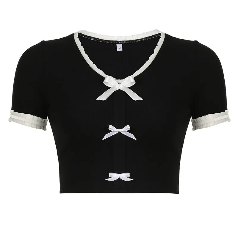 Sweet Girl Lace Lace Bow Stitching Small V-Collar Slim Short Navel T-Shirt 2024 New Style In Early Spring