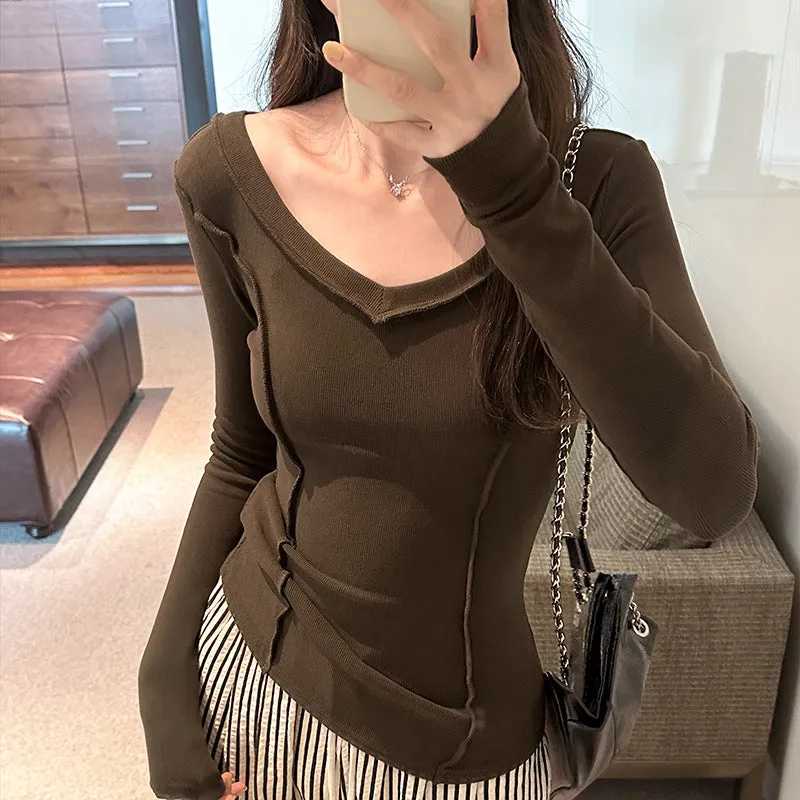Znbbw Fish Bone Design Sense Of Minority Slim Bottomed Shirt Women's Autumn New Long-Sleeved T-Shirt Shows Thin Underwear
