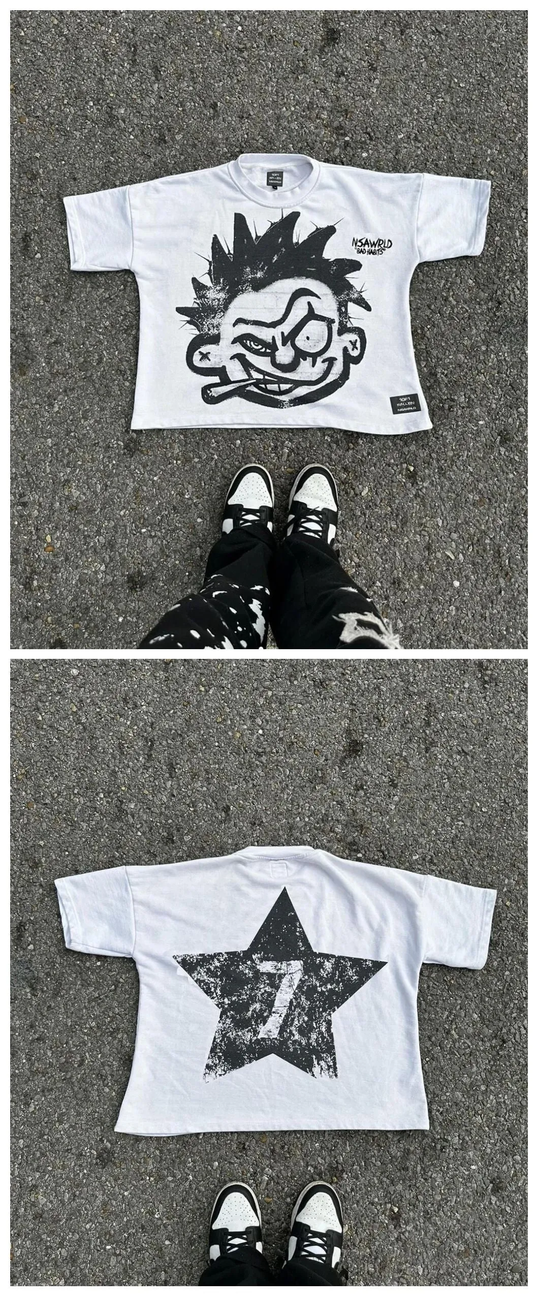 Znbbw T-Shirt Men Y2K Hip-Hop Rock And Roll Cartoon Print Sports Shirt Graffiti Graphics Oversized Round Collar And Short Sleeves