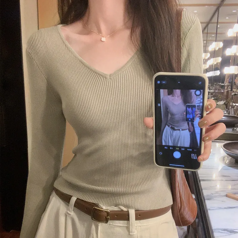 Znbbw V-Collar Solid Color Long-Sleeved Woolen Blouse A New Style Slim And Slim Sweater In Autumn And Winter