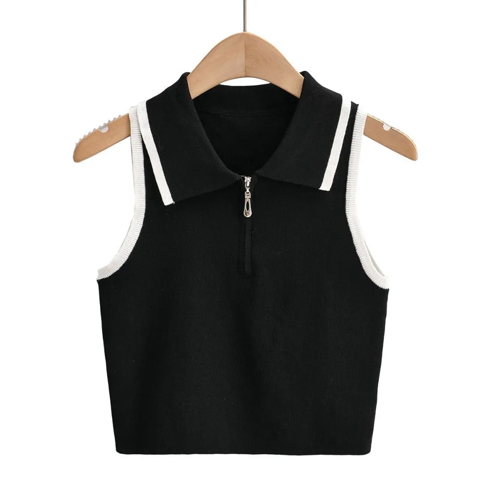 Znbbw New Summer Lapel With Color Zipper Knitted Vest Shows The Navel Short Style Blouse.
