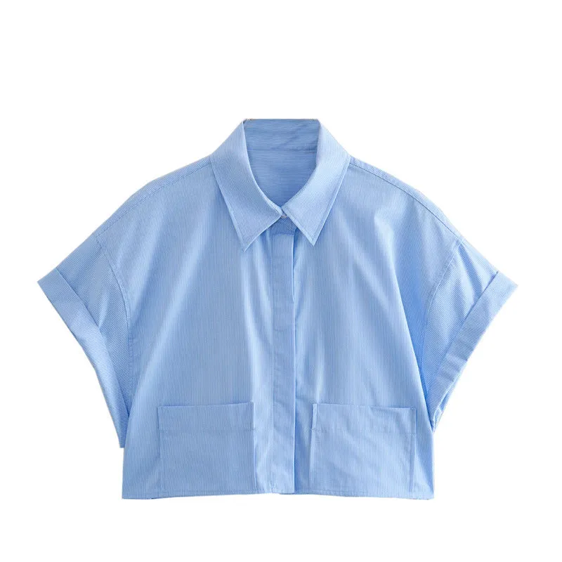 Znbbw Summer Style Loose Short Pocket Decorated Poplin Shirt