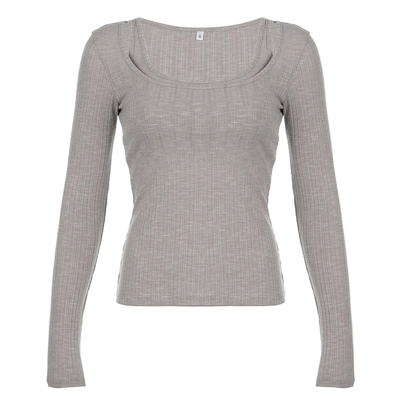 Pure Color Simple Pit Strip Slimming Retro Fashion Single Bare Shoulder Long Sleeved Two-Piece Blouse 2024 Spring / Summer New T-Shirt