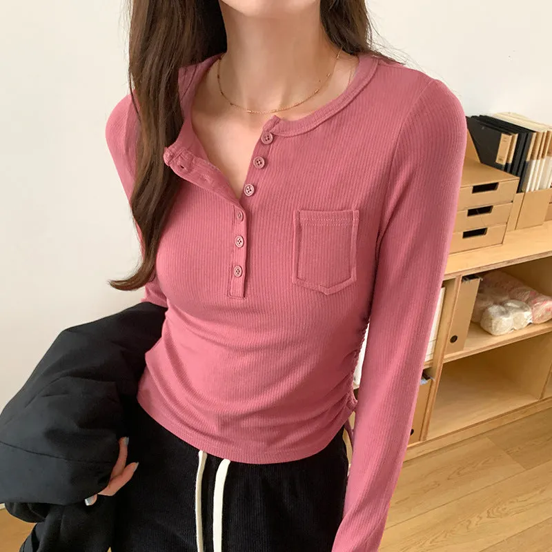 Znbbw Long-Sleeved T-Shirt A New Slim Design For Women In Autumn Shows A Thin Blouse With A Bottomed Shirt Pocket.