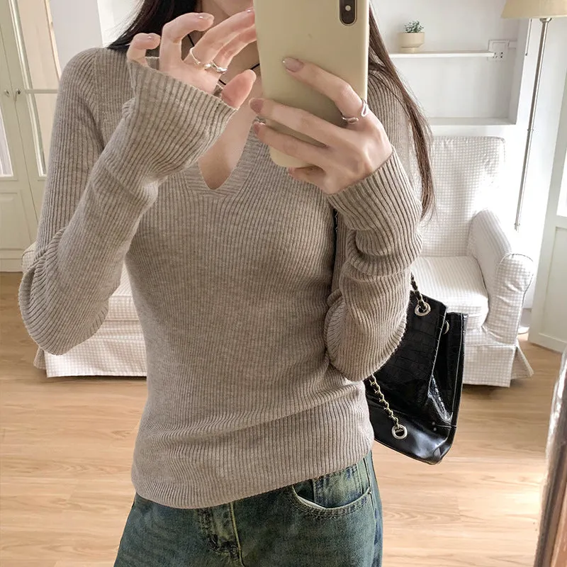 White V-Neck Knitted Long-Sleeved T-Shirt Women's New Spring And Summer Style Slim And Thin Bottomed Shirt With A Shoulder Blouse