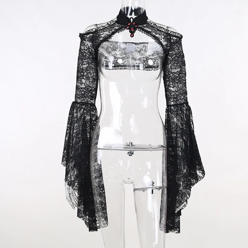 Znbbw Dark Wind New Horn Sleeve Collar Lace Splicing Open Shoulder Temperament Leisure All Kinds Of Jackets