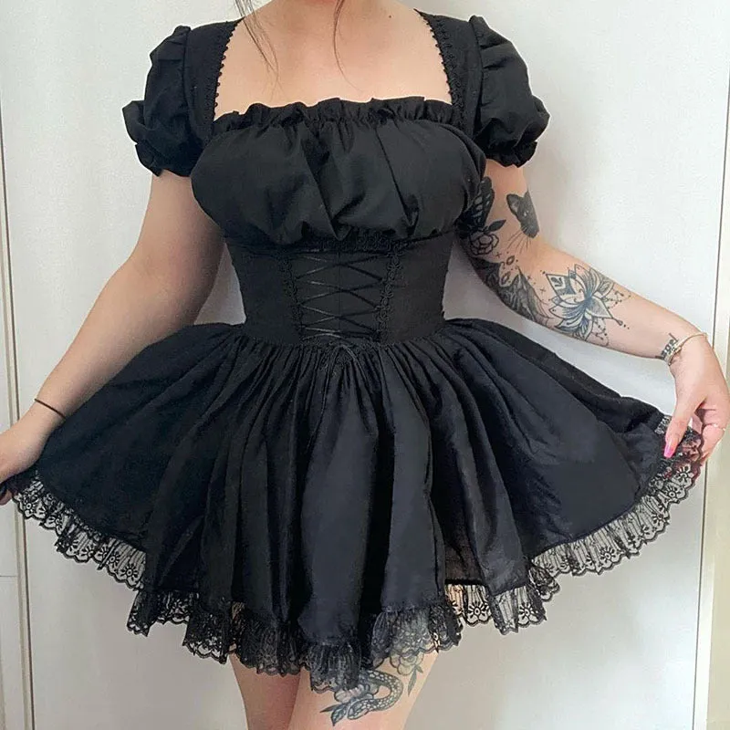 Znbbw Shoulder Lace Spliced Dress Dark Style Waist Shows A Thin And Fluffy Short Skirt Woman