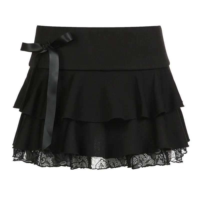 Dark Pure Desire Hot Girls Lace Spliced Bow Half Skirt 2024 Low-Waisted Sexy Ballet A-Shaped Cake Skirt