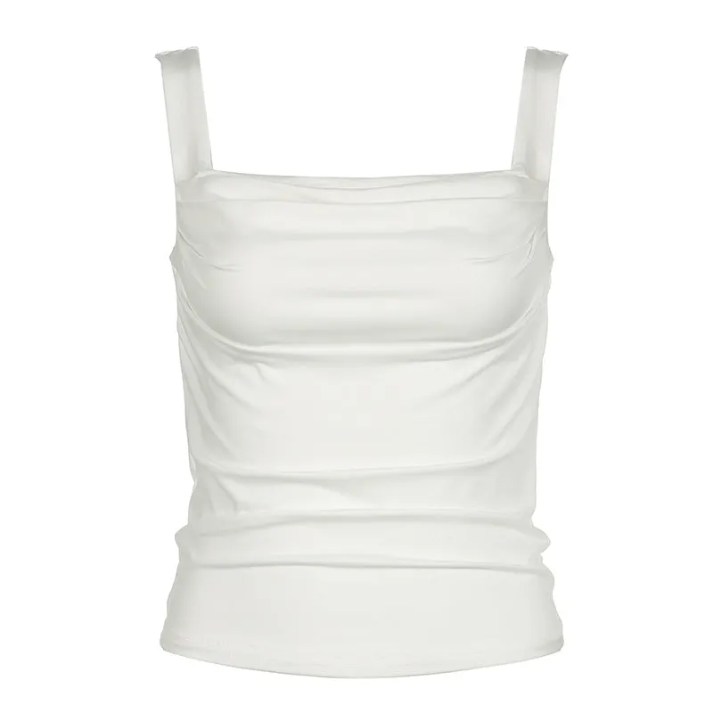 Ins Trend Solid Color Fold Design Square Collar Slim, Basic, Simple Sling Vest, New Summer Style