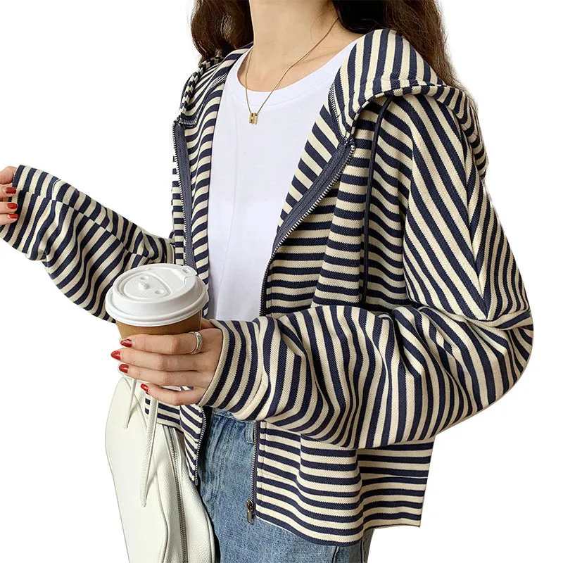 Znbbw Hooded Short Sweater Women's 2024 New Winter Korean Loose Zipper Long-Sleeved Blouse Spring And Autumn Tide