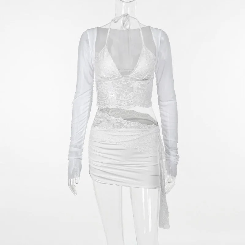 Znbbw Autumn New Fashion Temperament Sexy Deep V Slim Lace Spliced Net Long-Sleeved Dress Woman