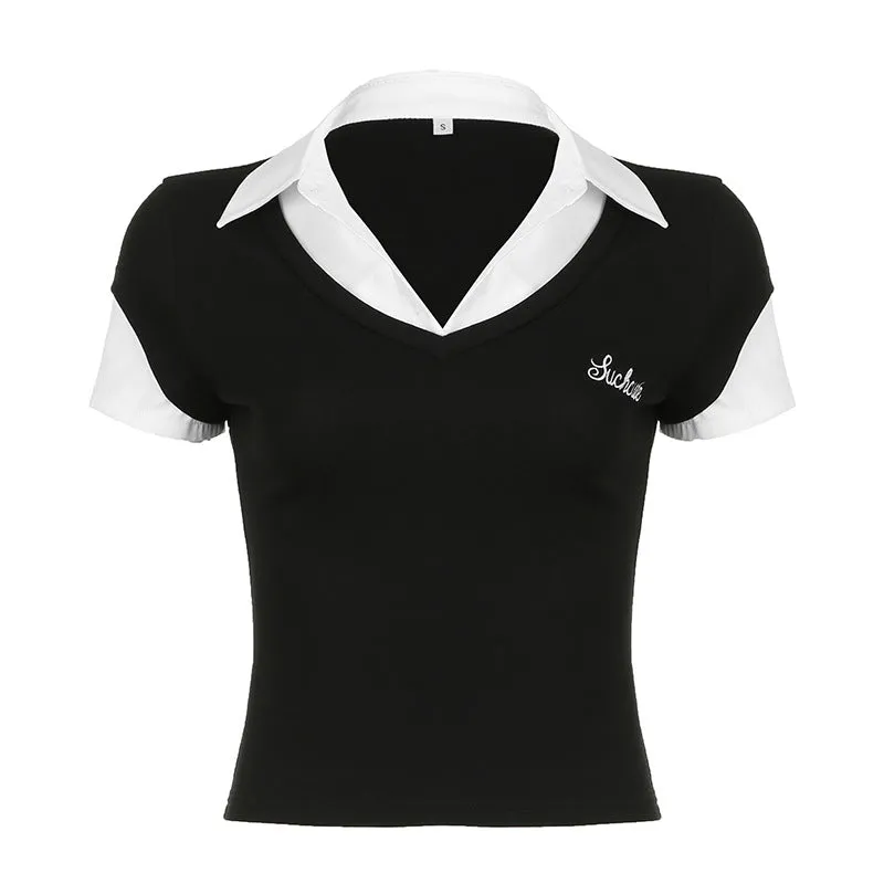 College Style POLO Collar Splicing Fake Two Short-Sleeved Blouses Slim And Simple Knitted T-Shirt Girl