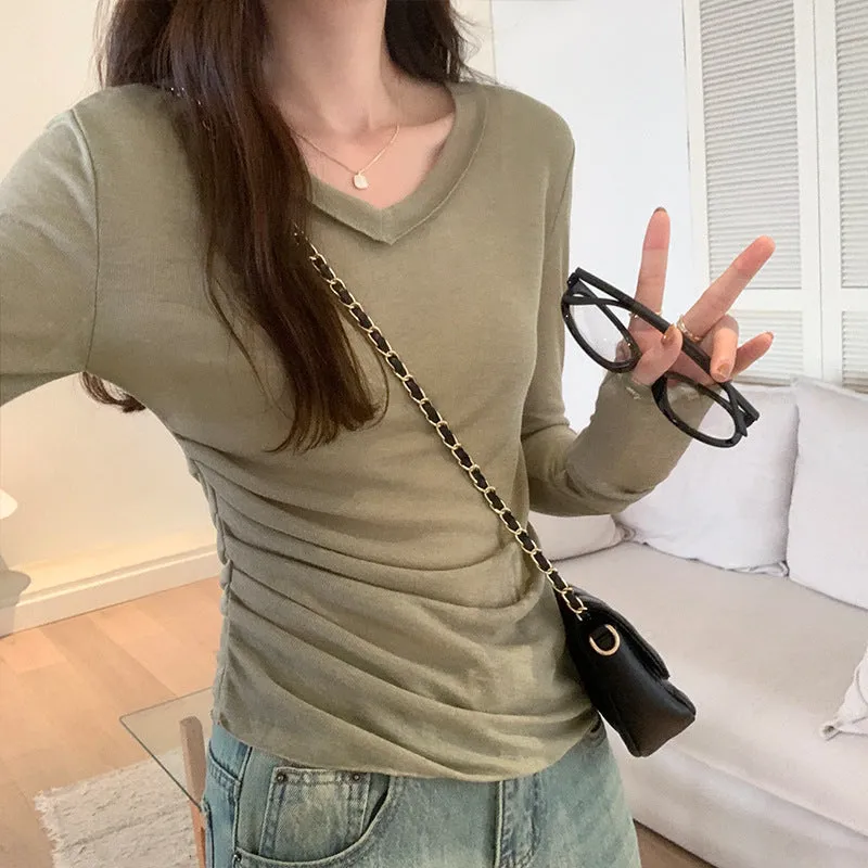 Znbbw Slim, V-Collar, Straight Shoulder, Long-Sleeved T-Shirt, New Autumn Pleated Blouse, Solid Color Bottomed Shirt.