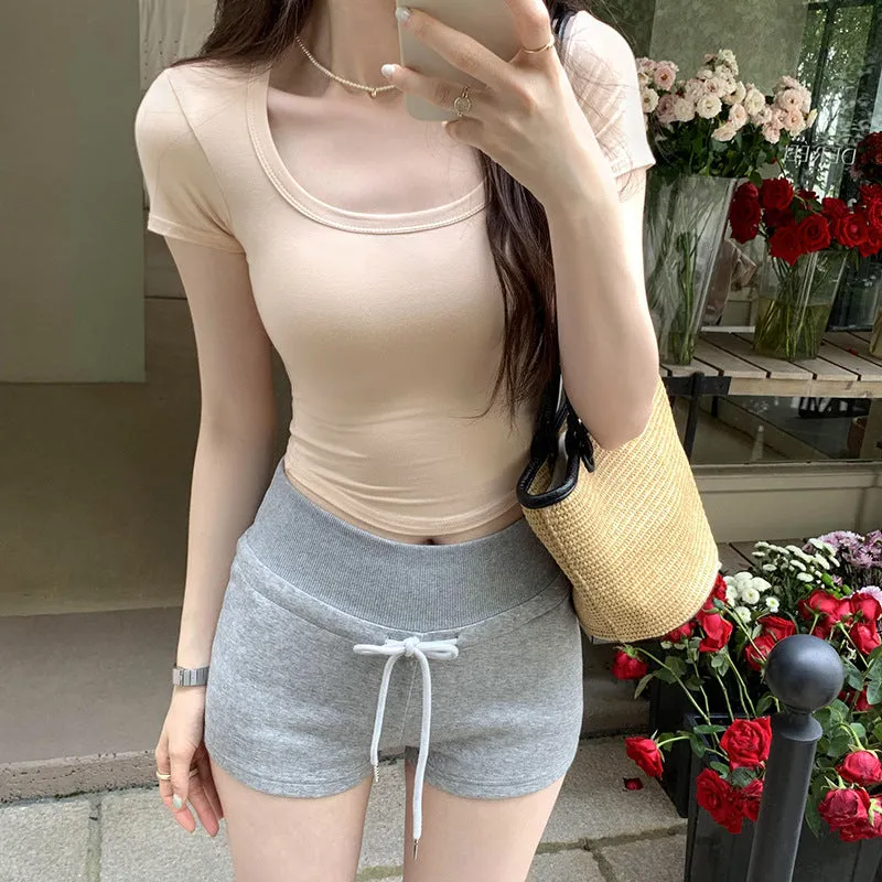 French Waist-Pinch Shoulder-Slimmed Short-Sleeved T-Shirt Women's Summer 2024 New Style Cool Sa Tug Elder Sister Short Style Waist Blouse