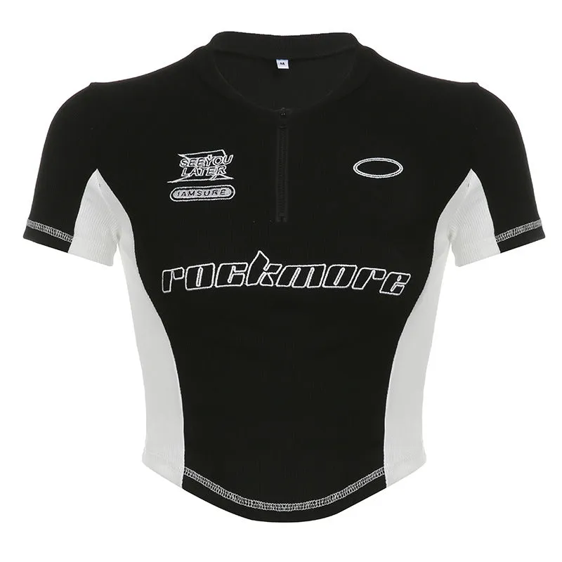 2024 Spring And Autumn New Splicing Color Thin Ins Embroidered Street Zipper Function T-Shirt